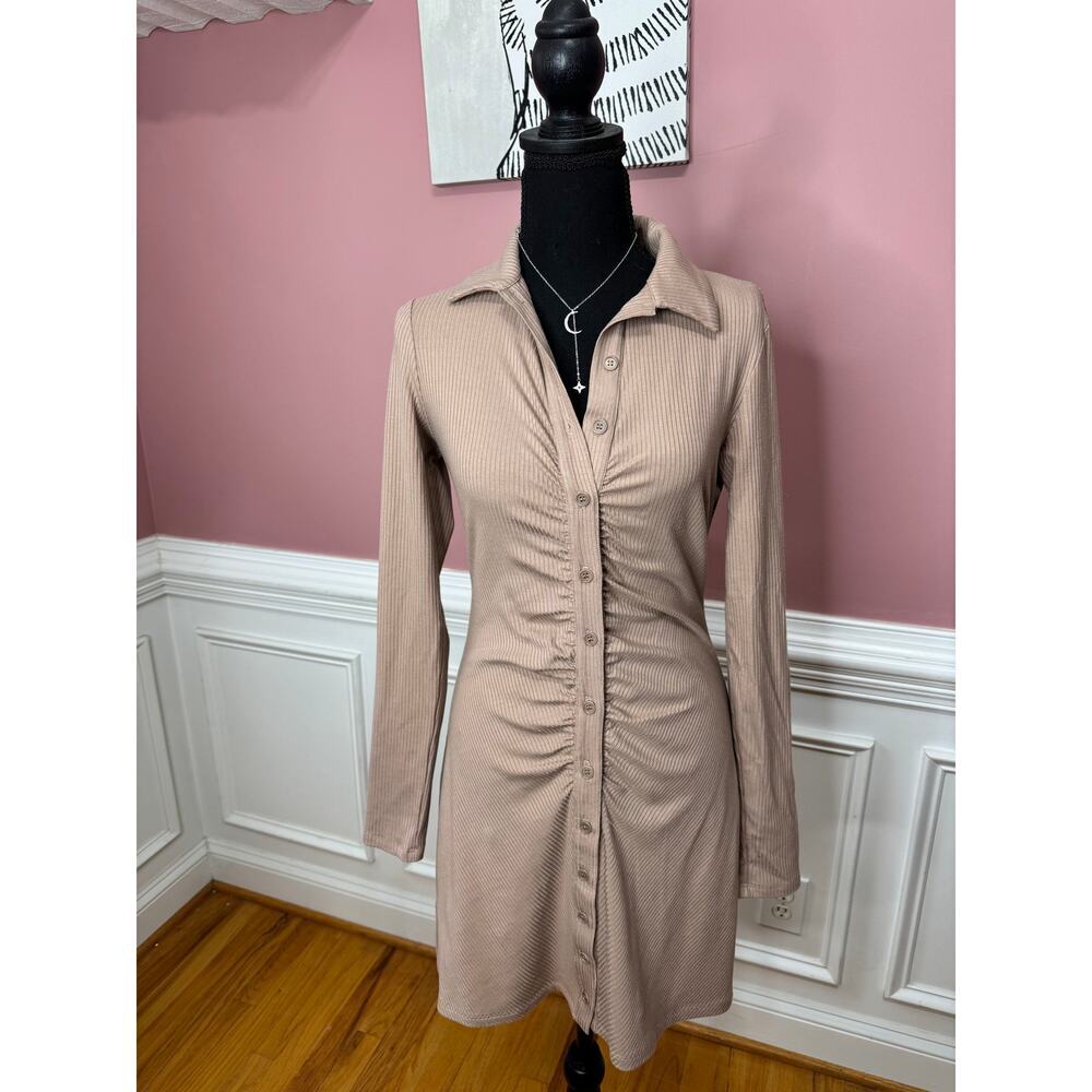 Reformation Mini Shirt Dress in Brown Medium Ribbed Long Sleeve Button-Up